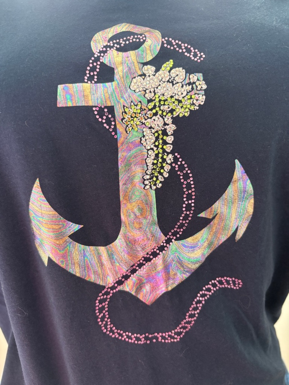 Iridescent Anchor Graphic Tee with Pink Crystal Accents